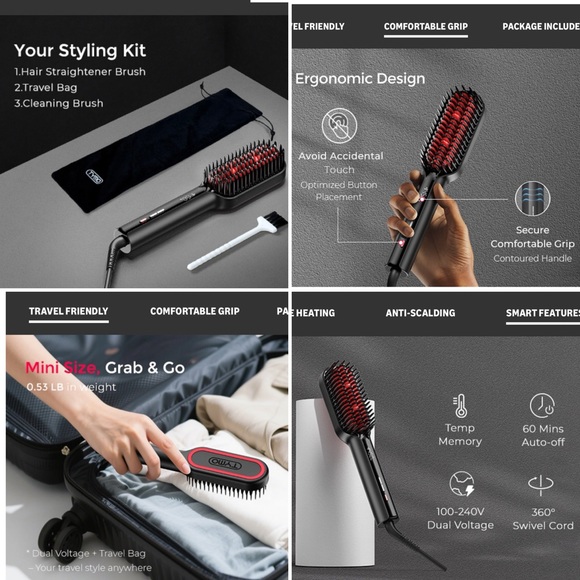 NIB! TYMO Hair Straightening Brush in Black and Red - Picture 14 of 16